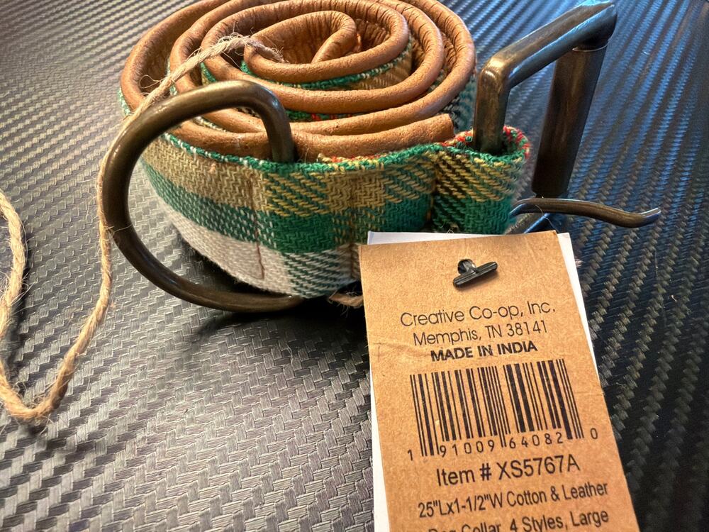 NWT Creative Co-op Cotton & Leather Large  Green Plaid Dog Collar Item # XS5767A